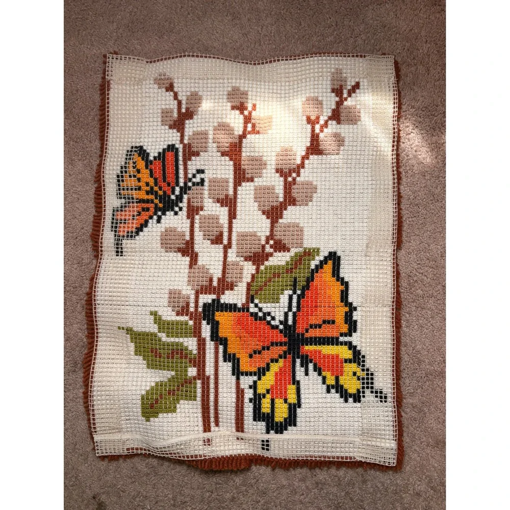 1970s Butterfly Latch Hook Wall Hanging Rug Retro Mid Century Fiber Art Tapestry